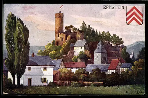 Künstler-AK Eppstein / Taunus, Burgruine, Bergfried, Stadtansicht, Wappen