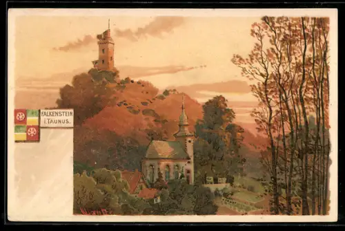 Lithographie Falkenstein i. Taunus, Blick zum Turm