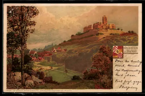 Lithographie Königstein im Taunus, Ortsansicht mit Burg