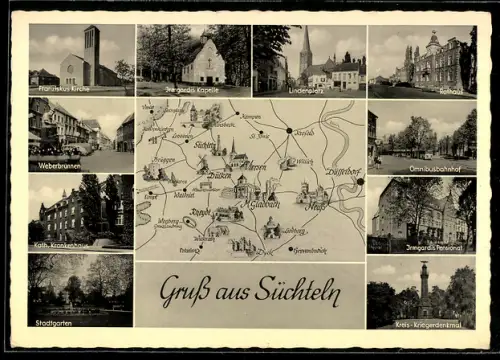 AK Süchteln, Landkarte mit Krefeld, Neuss und Rheydt, Weberbrunnen, Stadtgarten