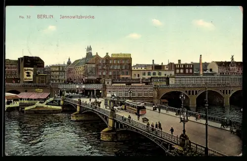 AK Berlin, Blick auf die Jannowitzbrücke mit Hochbahn-Bahnhof, Strassenbahn