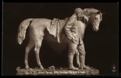 AK Der Freund in Not und Tod von Martin Götze, Mann neben seinem Pferd