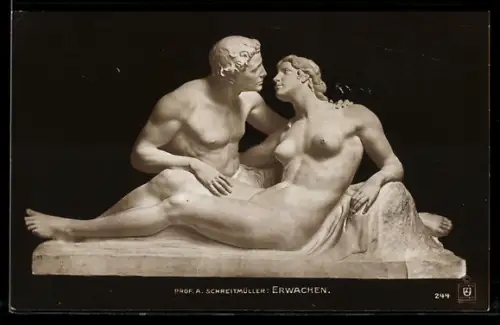 AK A. Schreitmüller: Erwachen, Skulptur eines nackten Paares vor dem Kuss, Akt, Grosse Berliner Kunstausstellung 1914