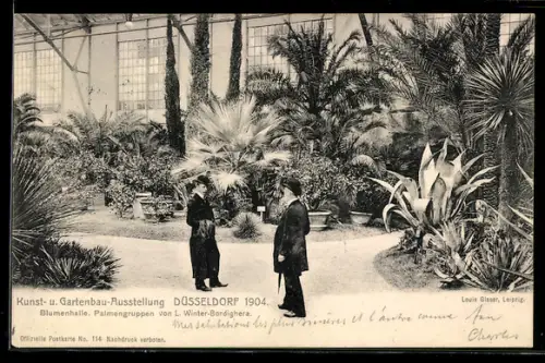 AK Düsseldorf, Kunst- und Gartenbau-Ausstellung 1904, Blumenhalle mit Palmengruppen