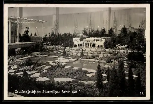 AK Berlin, Deutsche Frühjahrs-Blumenschau 1935, Teich mit Gartentisch