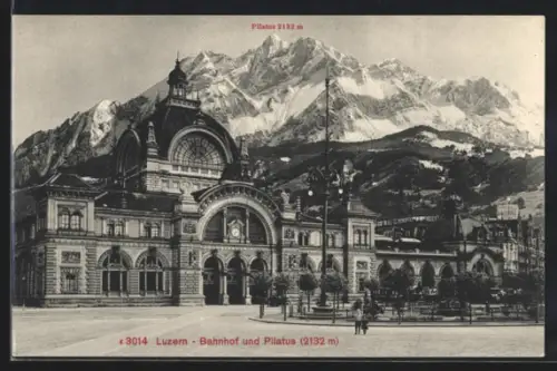 AK Luzern, Bahnhof und Pilatus, Hotel Monopol