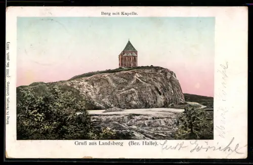 Goldfenster-AK Landsberg /Bez. Halle, Berg und Kapelle mit leuchtenden Fenstern