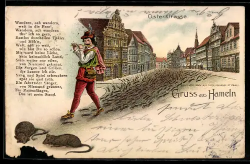 AK Hameln, Der Rattenfänger spielt auf seiner Querflöte in der Osterstrasse, Ratten, Vers