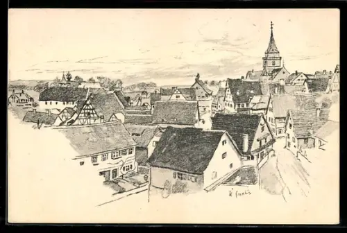 Künstler-AK Gross-Sachsenheim, Ortsansicht aus der Vogelschau