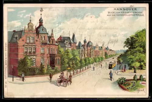 Lithographie Hannover, Hohenzollenrstrasse mit Kriegerdenkmal und Strassenbahn