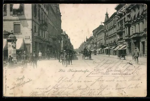 AK Karlsruhe, Kaiserstrasse mit Litfasssäule