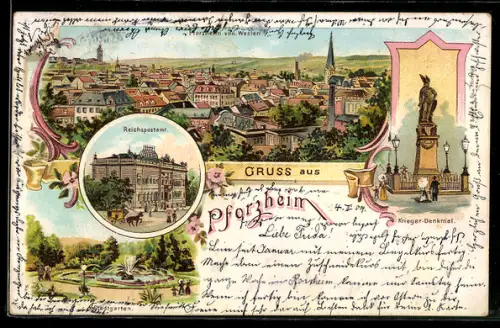 Lithographie Pforzheim, Ortsansicht von Westen, Reichspostamt, Stadtgarten