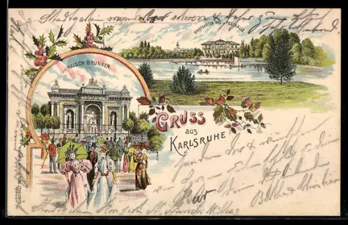 Lithographie Karlsruhe, Malschbrunnen, Stadtgarten See und Festhalle