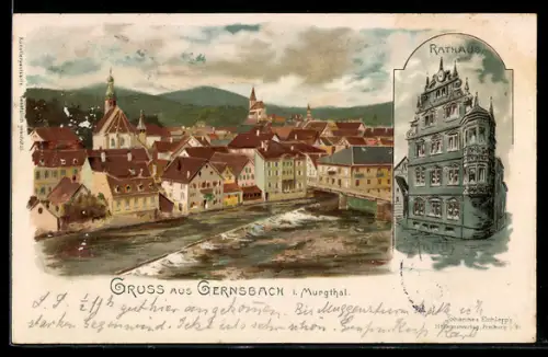 Künstler-AK Carl Münch: Gernsbach, Ortsansicht mit Uferpartie, Rathaus