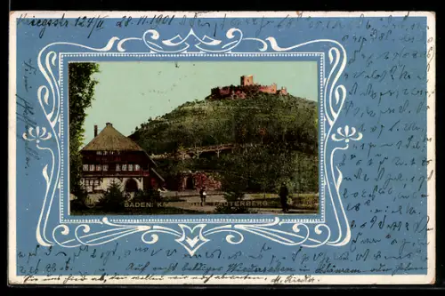 Lithographie Karlsruhe /Baden, Lauterberg mit Ruine, Passepartout