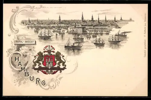 Passepartout-Lithographie Hamburg, Totalansicht mit Hafen, Wappen mit Ritterhelm
