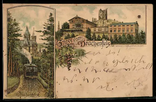 Lithographie Königswinter, Bergbahn zur Drachenburg