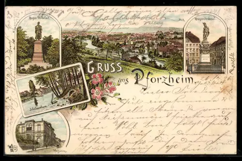 Lithographie Pforzheim, Gesamtansicht, Kriegerdenkmal, Museum, Kaiser Wilhelm Denkmal