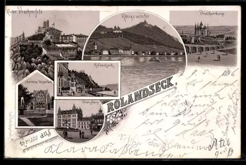 Lithographie Königswinter, Ruine Drachenfels, Drachenburg