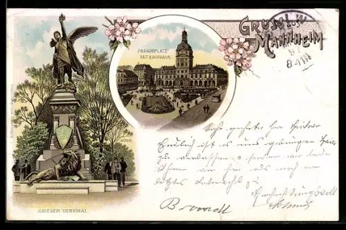 Lithographie Mannheim, Paradeplatz mit Kaufhaus, Krieger-Denkmal