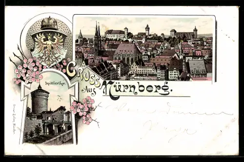 Lithographie Nürnberg, Teilansicht, Spittlertor, Wappen