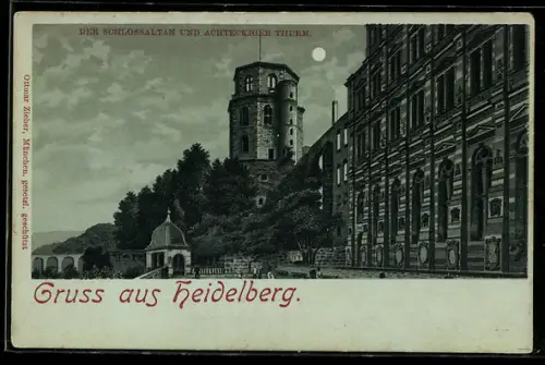 Mondschein-Lithographie Heidelberg, Schlossaltan und achteckiger Turm
