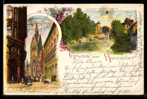 Lithographie Hannover, Marktkirche, Leineufer mit Beguinenthurm