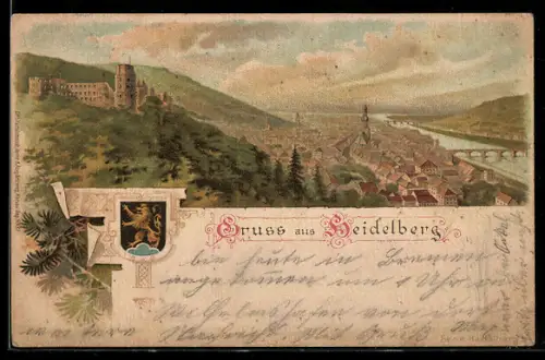 Lithographie Heidelberg, Schloss, Altstadt, Neckarbrücke