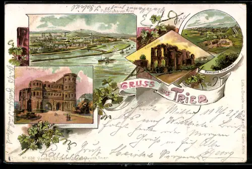 Lithographie Trier, Römische Therme, Porta nigra, Panorama um 1900