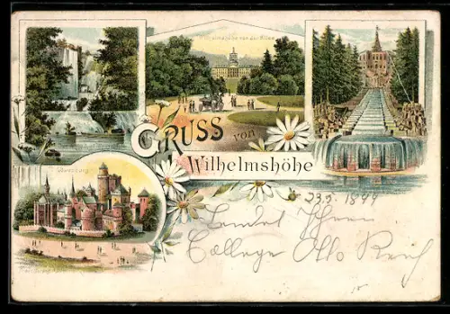 Lithographie Kassel-Wihelmshöhe, Der Aquaduct Wasserfall, Löwenburg, Wilhelmshöhe von der Allee