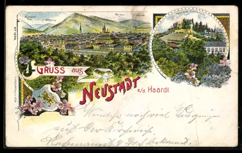 Lithographie Neustadt a. d. Haardt, Haardter Schlösschen, Ortsansicht mit Neustädter Thal, Wolfsburg, Weinbiet & Haardt