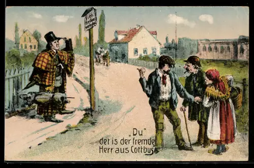 Künstler-AK Cottbus, Anwohner Unterhalten sich über Herrn aus Cottbus