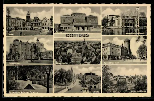 AK Cottbus, Neues Dieselkraftwerk, Denkmal der Nationalen Erhebung, Markt, Stadttheater, Spremberger Turm