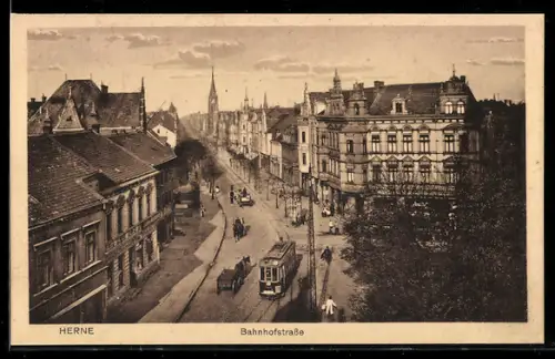 AK Herne, Bahnhofstrasse mit Strassenbahn