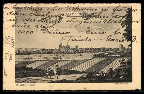 Künstler-AK Roeskilde, Panorama im Jahr 1764