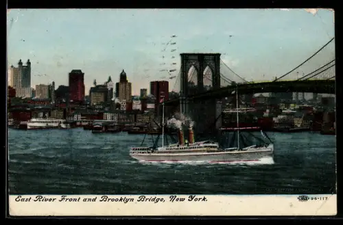 AK New York, NY, East River Front and Brooklyn Bridge