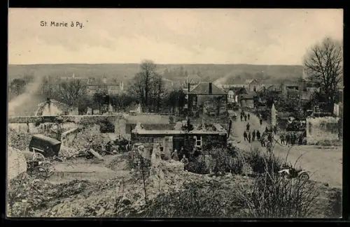AK St Marie à Py, Zerstörtes Dorf mit Soldaten und Trümmern
