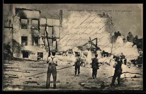 AK St Souplet, Ort in Flammen