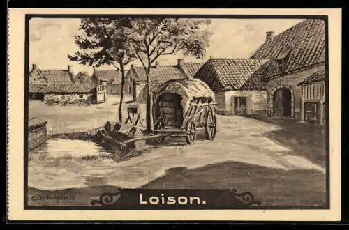 AK Loison, Dorfplatz mit Planwagen