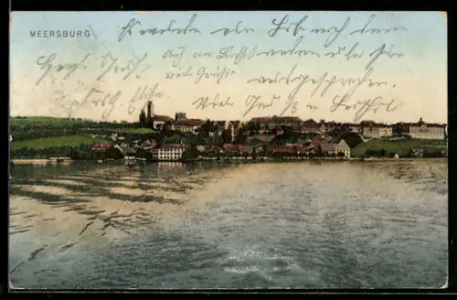 AK Meersburg /Bodensee, Sicht auf Ort mit Kirche