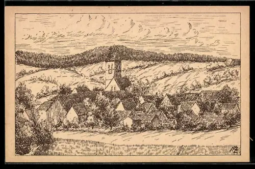 Künstler-AK Ostrach /Hohenzollern, Ortsansicht mit Kirche und umliegender Landschaft