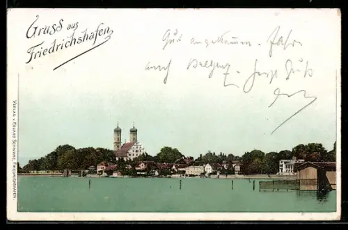 AK Friedrichshafen, Uferpartie mit Kirche