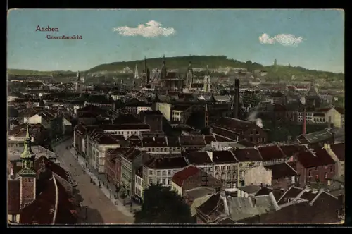 AK Aachen, Gesamtansicht mit Kirche und Strassenpartie