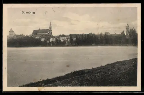 AK Straubing, Uferpartie mit Kirche