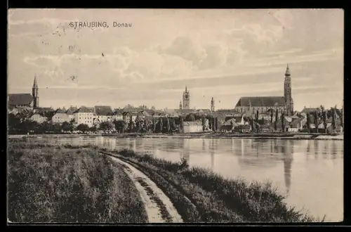 AK Straubing, Donaupartie mit Kirche