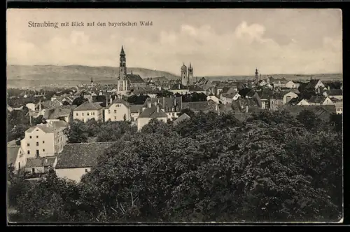 AK Straubing, Teilansicht mit Blick auf den bayerischen Wald und Kirche