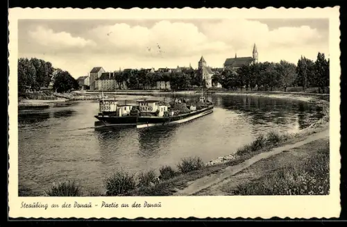AK Straubing an der Donau, Donaupartie mit Kirche
