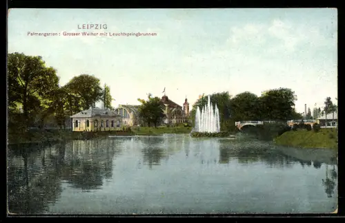 AK Leipzig, Palmengarten, Grosser Weiher mit Leuchtspringbrunnen
