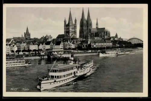 AK Köln, Dom, Gross St. Martin, Rhein mit Ausflugsschiffen