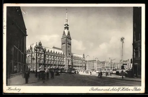 AK Hamburg, Rathaus und Platz, Strassenbahnen
